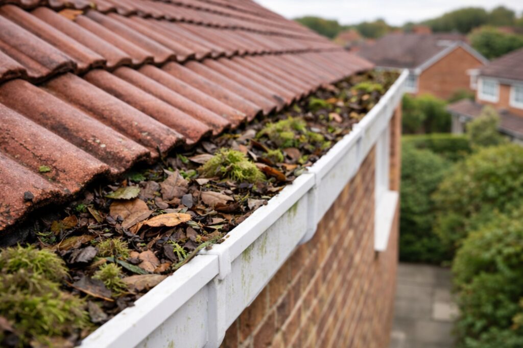 Blocked gutter filled with moss and leaves before professional gutter cleaning